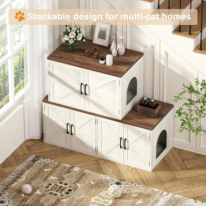 Litter Box Enclosure for 2 Cats, Farmhouse Hidden Litter Box Furniture with Barn Doors, Large Double Room Cat House for Living