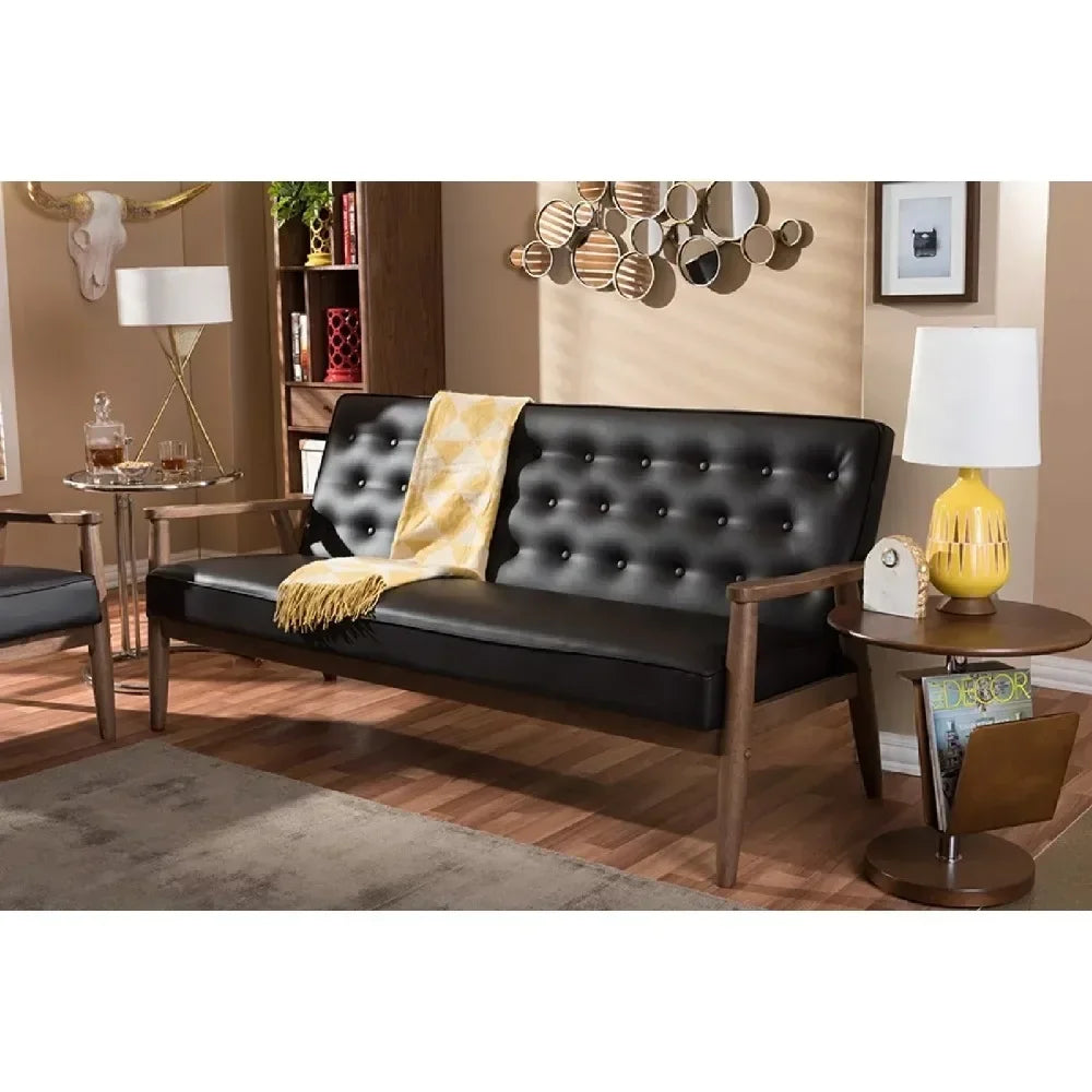 Mid-century Retro Modern Brown Faux Leather Upholstered Wooden 3-seater Sofa