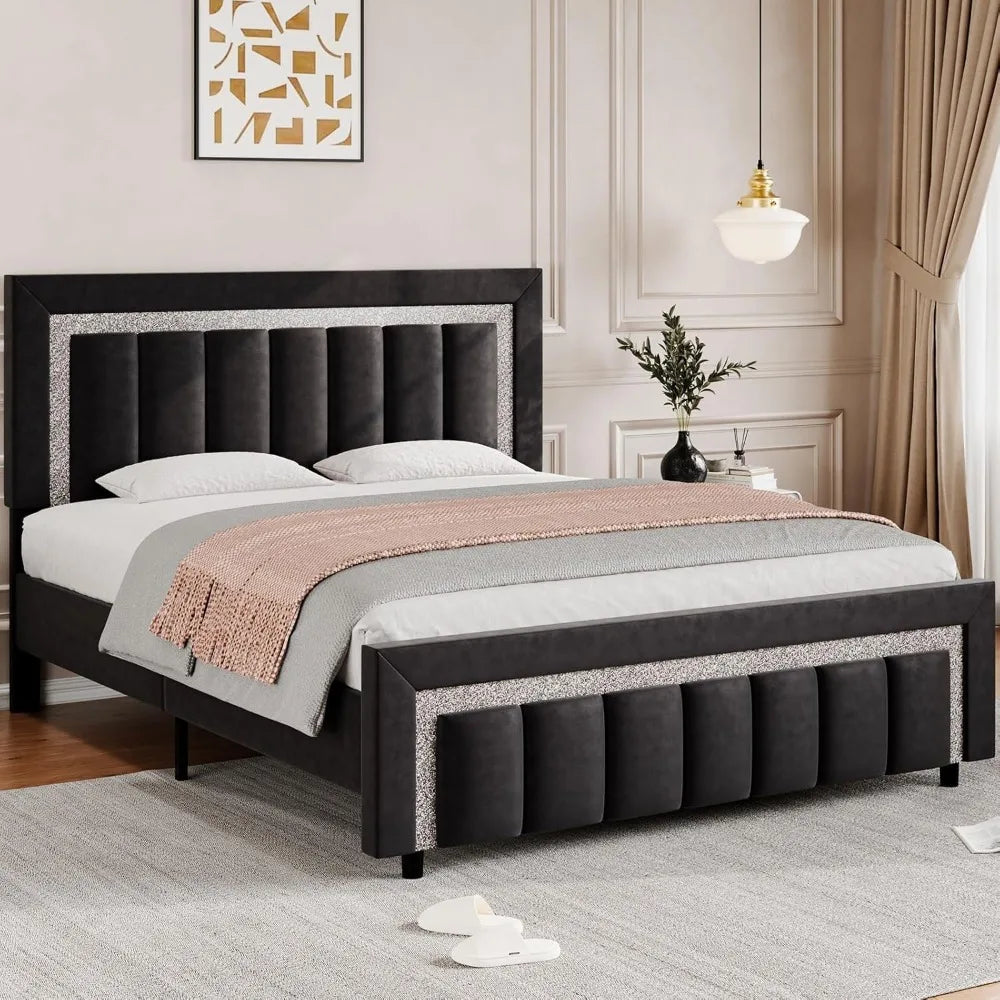 Frame, Upholstered Bed with Diamond Headboard and Footboard, Black Queen Bed Frame with Velvet Vertical Channel