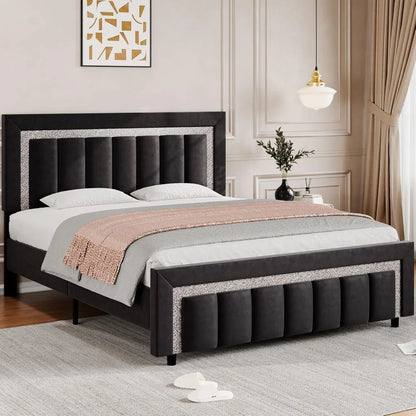 Frame, Upholstered Bed with Diamond Headboard and Footboard, Black Queen Bed Frame with Velvet Vertical Channel