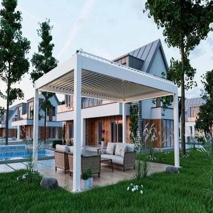 Retractable Aluminum Louvered Pergola Motorized Electric Garden Pavilion with Remote Control, Multiple Shading Scenarios