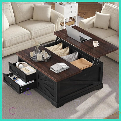 39.4'' Lift Top Coffee Table with Storage, Farmhouse Style, Hidden Compartment & Drawers, Adjustable Height