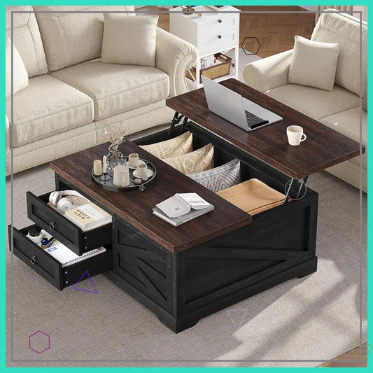 39.4'' Lift Top Coffee Table with Storage, Farmhouse Style, Hidden Compartment & Drawers, Adjustable Height
