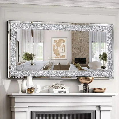 120x60CM Crystal Crush Diamond Wall Mirror Gorgeous RectangleSilver Mirrors for Bathroom, Bedroom, Dining Room and Living Room