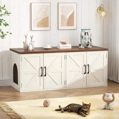 Litter Box Enclosure for 2 Cats, Farmhouse Hidden Litter Box Furniture with Barn Doors, Large Double Room Cat House for Living