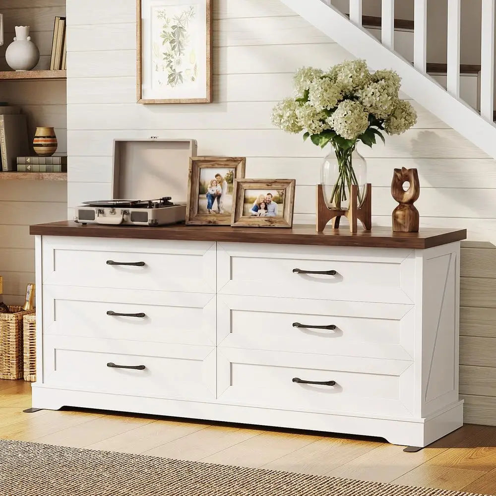 Farmhouse 6Drawer Dresser for Bedroom, HeavyDuty Storage Chest with Extra Thick Boards amp Metal Handles, Sturdy Chest of Drawe