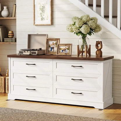 Farmhouse 6Drawer Dresser for Bedroom, HeavyDuty Storage Chest with Extra Thick Boards amp Metal Handles, Sturdy Chest of Drawe