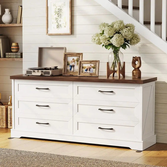 Farmhouse 6Drawer Dresser for Bedroom, HeavyDuty Storage Chest with Extra Thick Boards amp Metal Handles, Sturdy Chest of Drawe