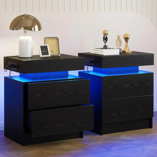 LED Light and Drawers Nightstands Set of 2 or 1, Modern Black Nightstand Charging Station, Bedside Tables End Table for Bedroom