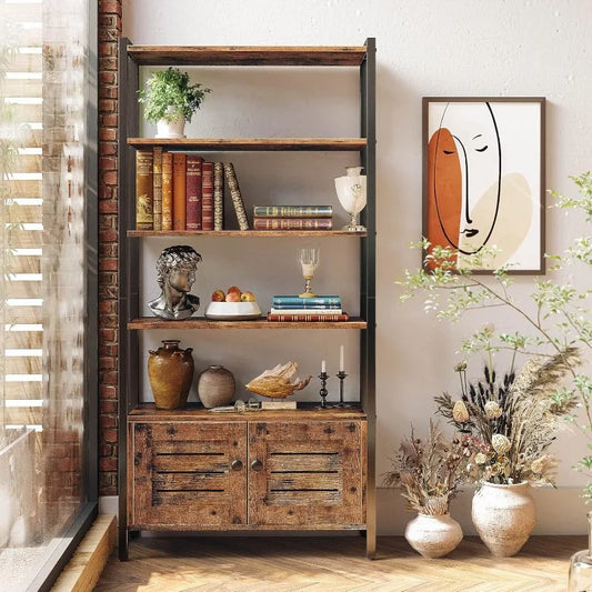 Wooden Bookshelf Cabinet with Two Louvered Doors and Four Shelves, Standing Storage for Bedroom or Office