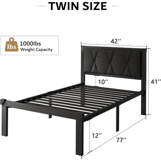 Twin Metal Bed Frame, Linen Platform Bed with Button Tufted Headboard, Heavy Duty Slats Support, 12" Under Bed Storage,