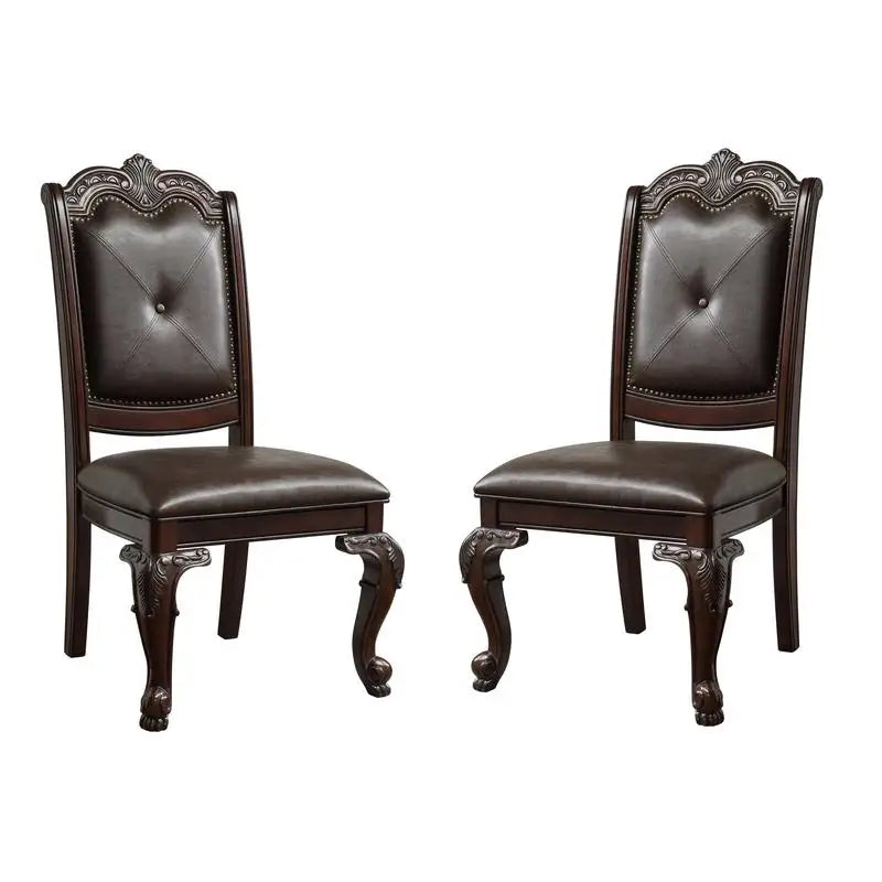 Rectangular Dining Table with 18" Extendable Leaf, Side Chairs, and Armchairs in Rich Dark Brown Finish, Faux Leather