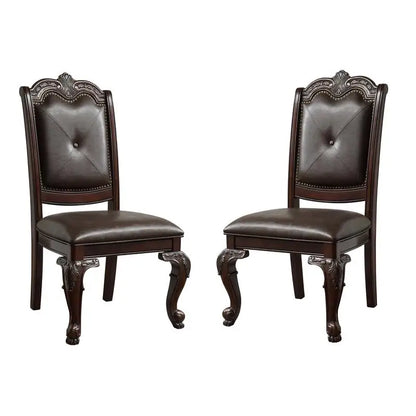 Rectangular Dining Table with 18" Extendable Leaf, Side Chairs, and Armchairs in Rich Dark Brown Finish, Faux Leather