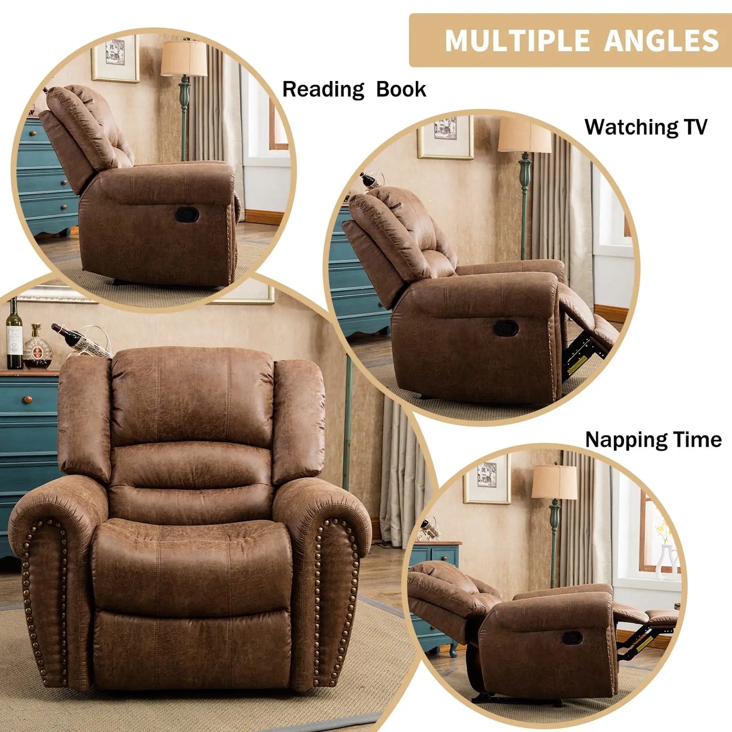 Leather Recliner Chair Manual Recliner Chair with Comfortable Arms and Back Single Sofa for Living Room