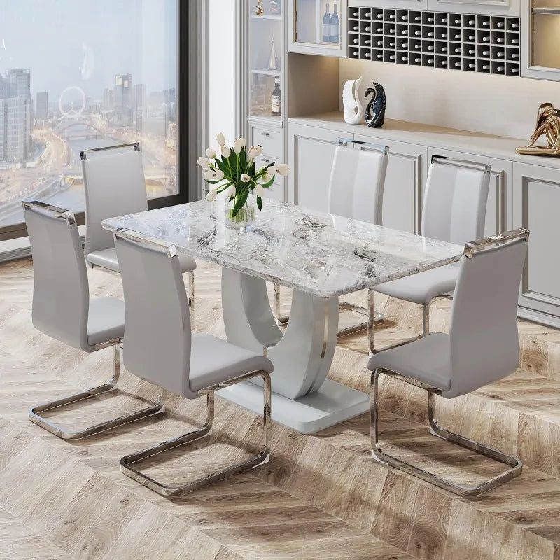 Modern 6-Seater Dining Set, Faux Marble Table & Gray Chairs for Dining Room