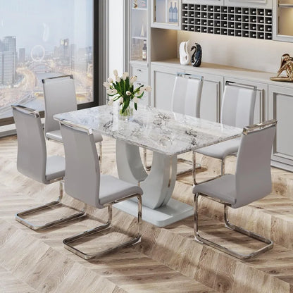 Modern 6-Seater Dining Set, Faux Marble Table & Gray Chairs for Dining Room