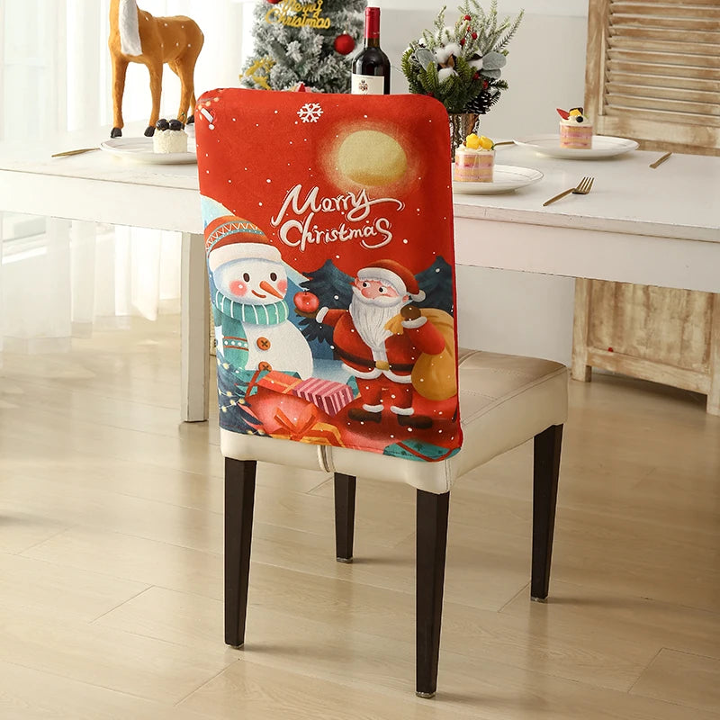 1PC Christmas Chair Back Cover Red Classic Christmas Pattern Merry Christmas For Restaurant Hotel Holiday Party Decoration