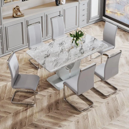 Modern 6-Seater Dining Set, Faux Marble Table & Gray Chairs for Dining Room