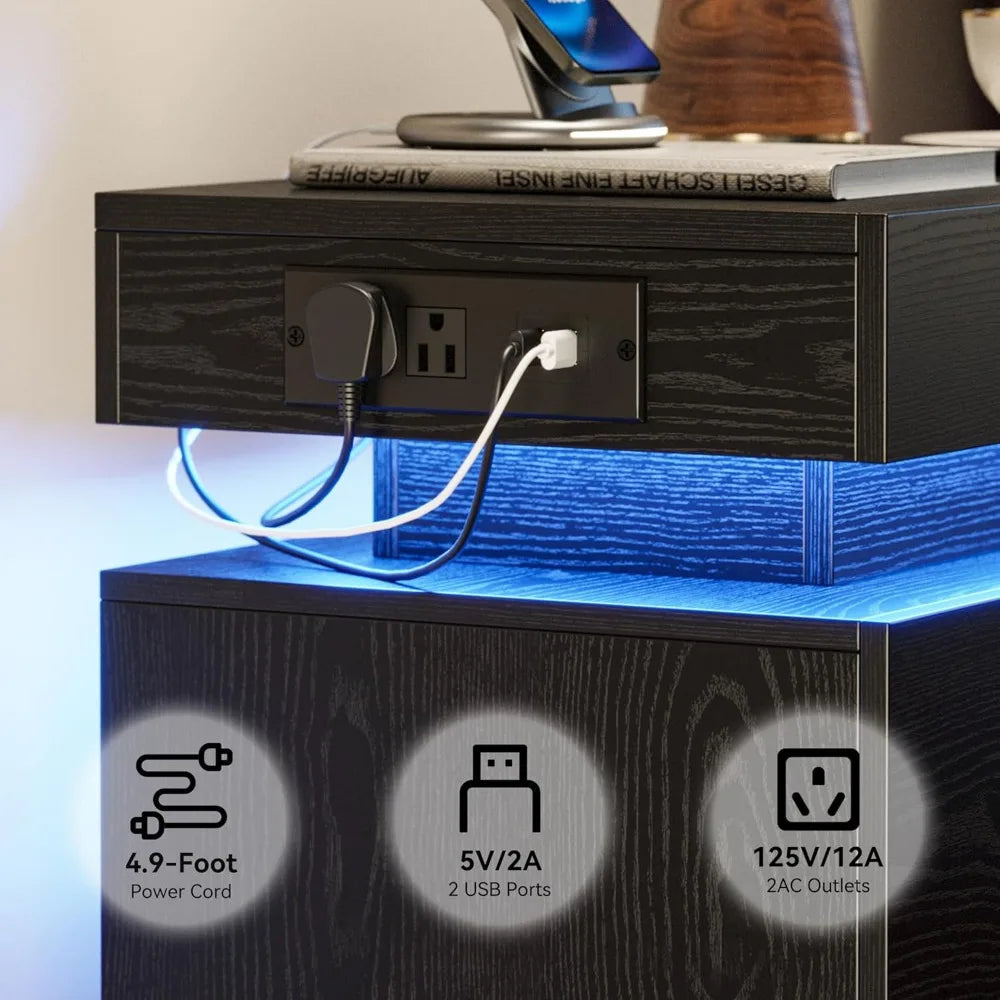 LED Light and Drawers Nightstands Set of 2 or 1, Modern Black Nightstand Charging Station, Bedside Tables End Table for Bedroom