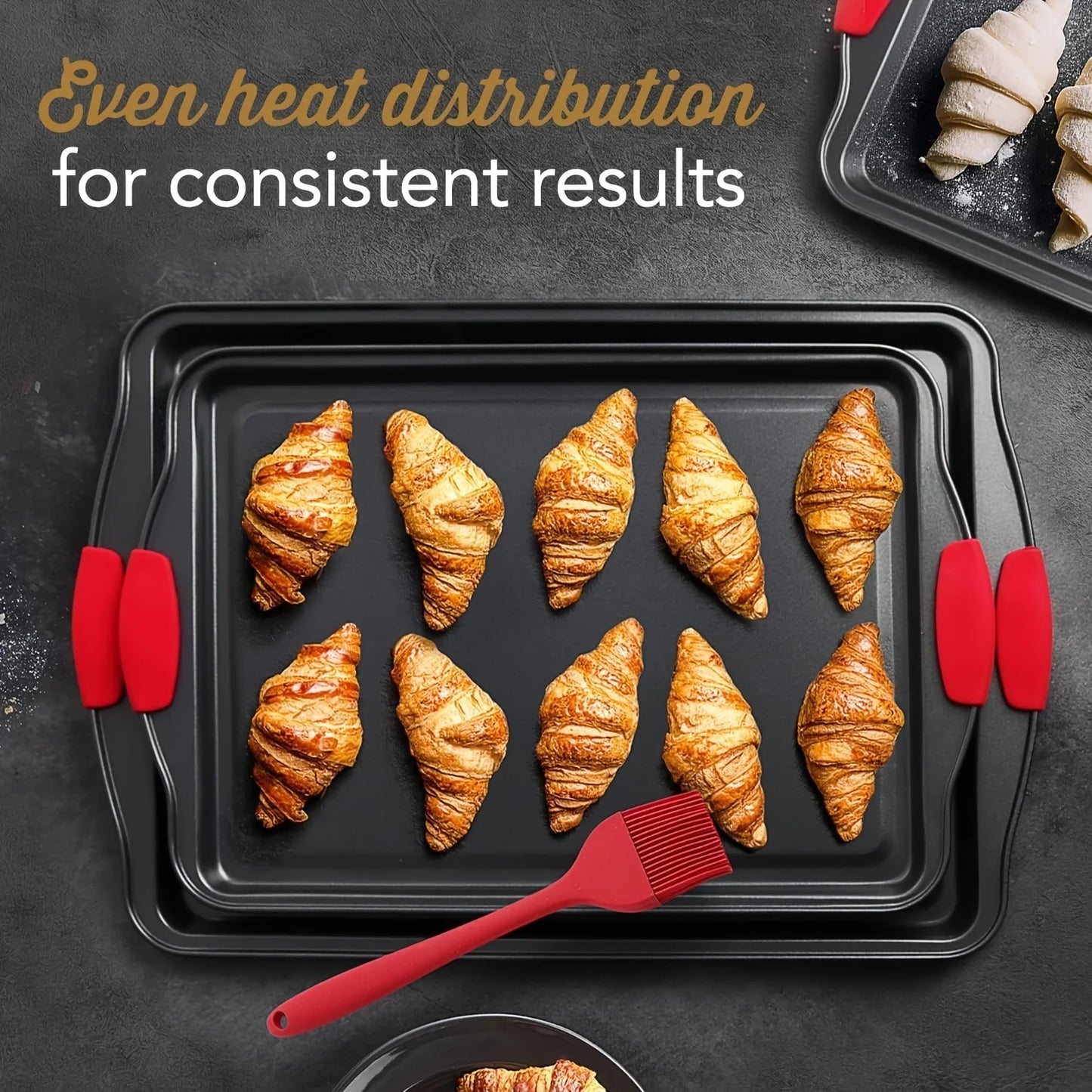 3-Piece Non-Stick Baking Sheet Set with Red Silicone Handles, 3-Size Rectangular Cookie Pan for Oven & Kitchen