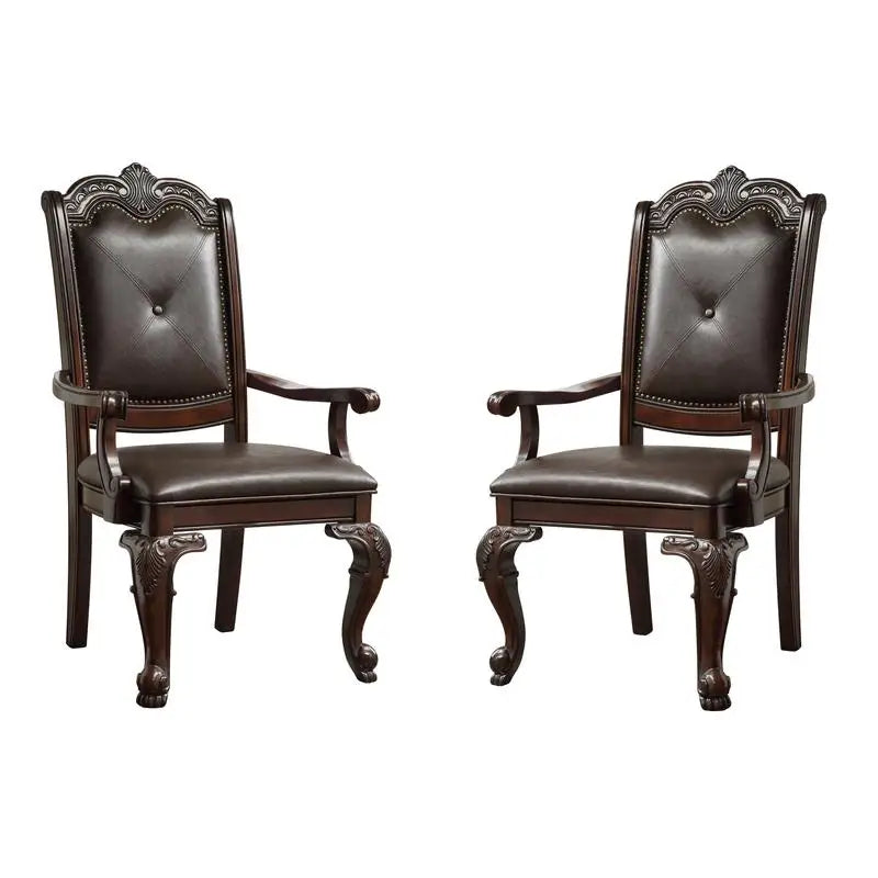 Rectangular Dining Table with 18" Extendable Leaf, Side Chairs, and Armchairs in Rich Dark Brown Finish, Faux Leather