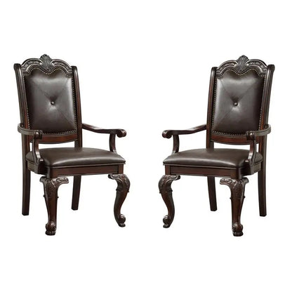 Rectangular Dining Table with 18" Extendable Leaf, Side Chairs, and Armchairs in Rich Dark Brown Finish, Faux Leather