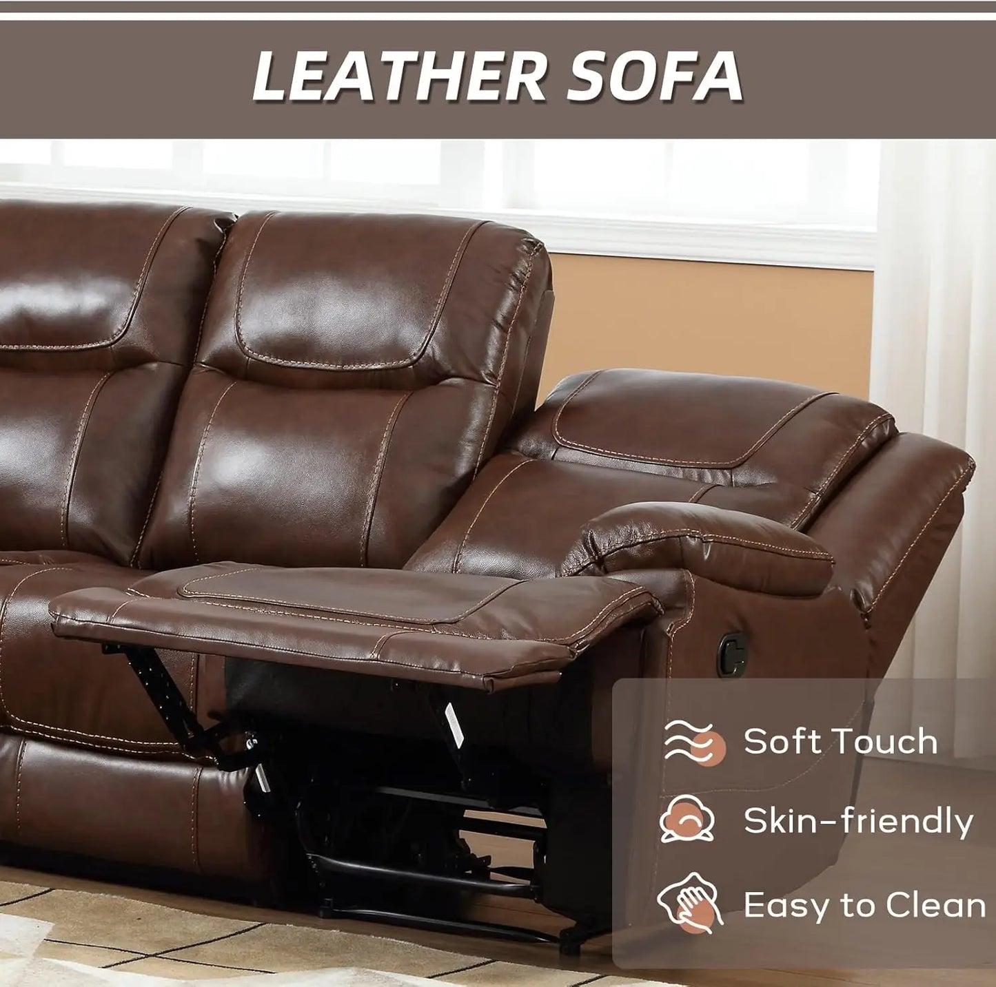 EBELLO Genuine Leather Manual 3 Seat Soft and Comfortable Reclining Sofa for Living Room, Bedroom Furniture
