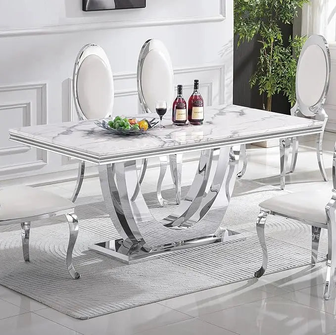 Glass Dining Table for 6 People, 62.8" Modern Kitchen Dining Room Table with Rectangular Tempered Glass Tabletop and U-Shape Ped