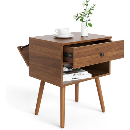 Hidden Compartment Nightstands, Mid Century Modern Concealment Furniture, Bedside Table with Wood Legs, End Table with Storage