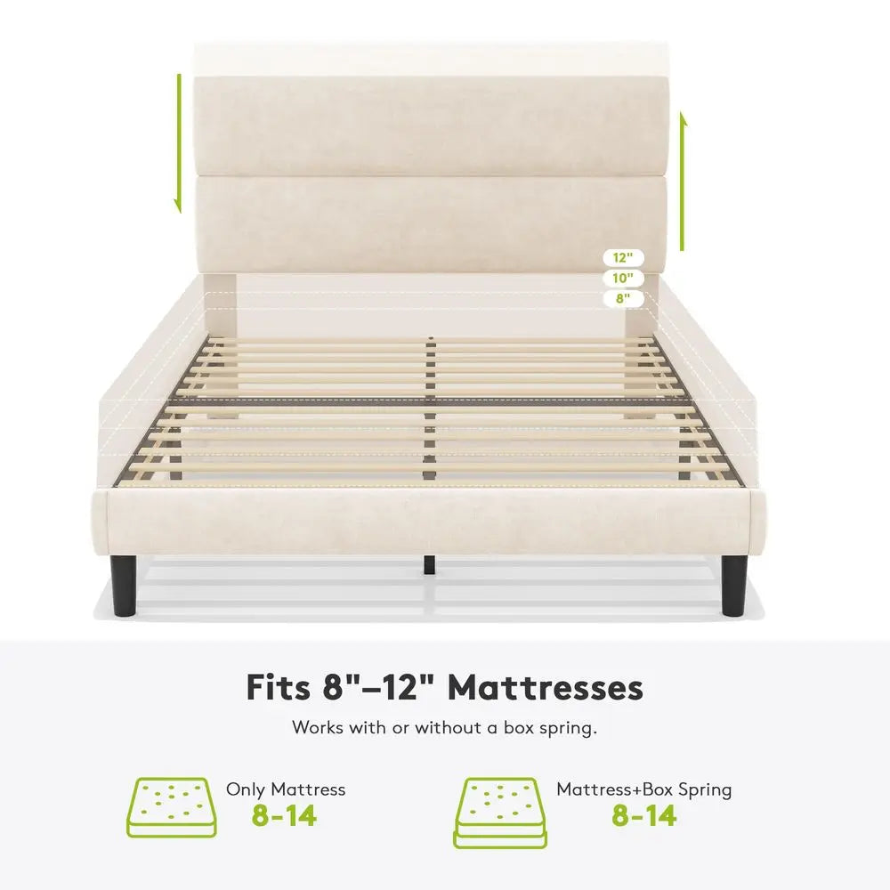 Queen Size Platform Bed Frame with Velvet Headboard, Adjustable Height Wooden Slats Support, Upholstered Mattress Foundation, F