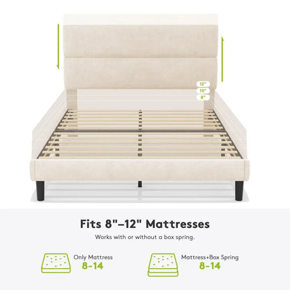 Queen Size Platform Bed Frame with Velvet Headboard, Adjustable Height Wooden Slats Support, Upholstered Mattress Foundation, F