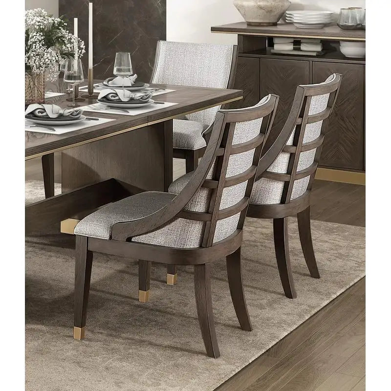 Modern Luxury Brown Finish 7-Piece Dining Set with Extension Table and 6 Armchairs, Upholstered in Gold Tipping for Stylish