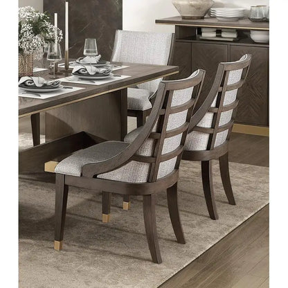 Modern Luxury Brown Finish 7-Piece Dining Set with Extension Table and 6 Armchairs, Upholstered in Gold Tipping for Stylish
