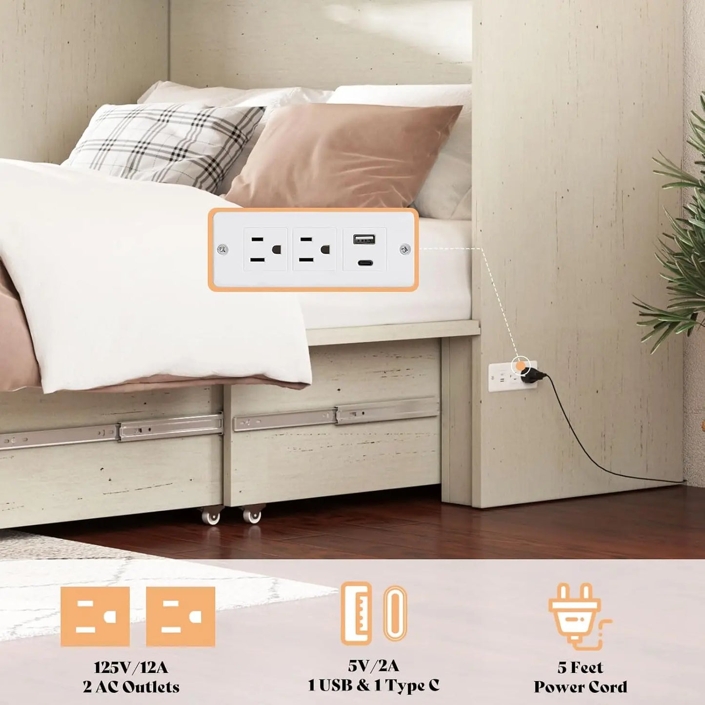 Queen Murphy Bed with Storage & Charging Station, Farmhouse Murphy Cabinet with Foldable Panel, Noisy Free, for, Customized