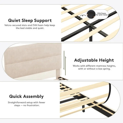 Queen Size Platform Bed Frame with Velvet Headboard, Adjustable Height Wooden Slats Support, Upholstered Mattress Foundation, F