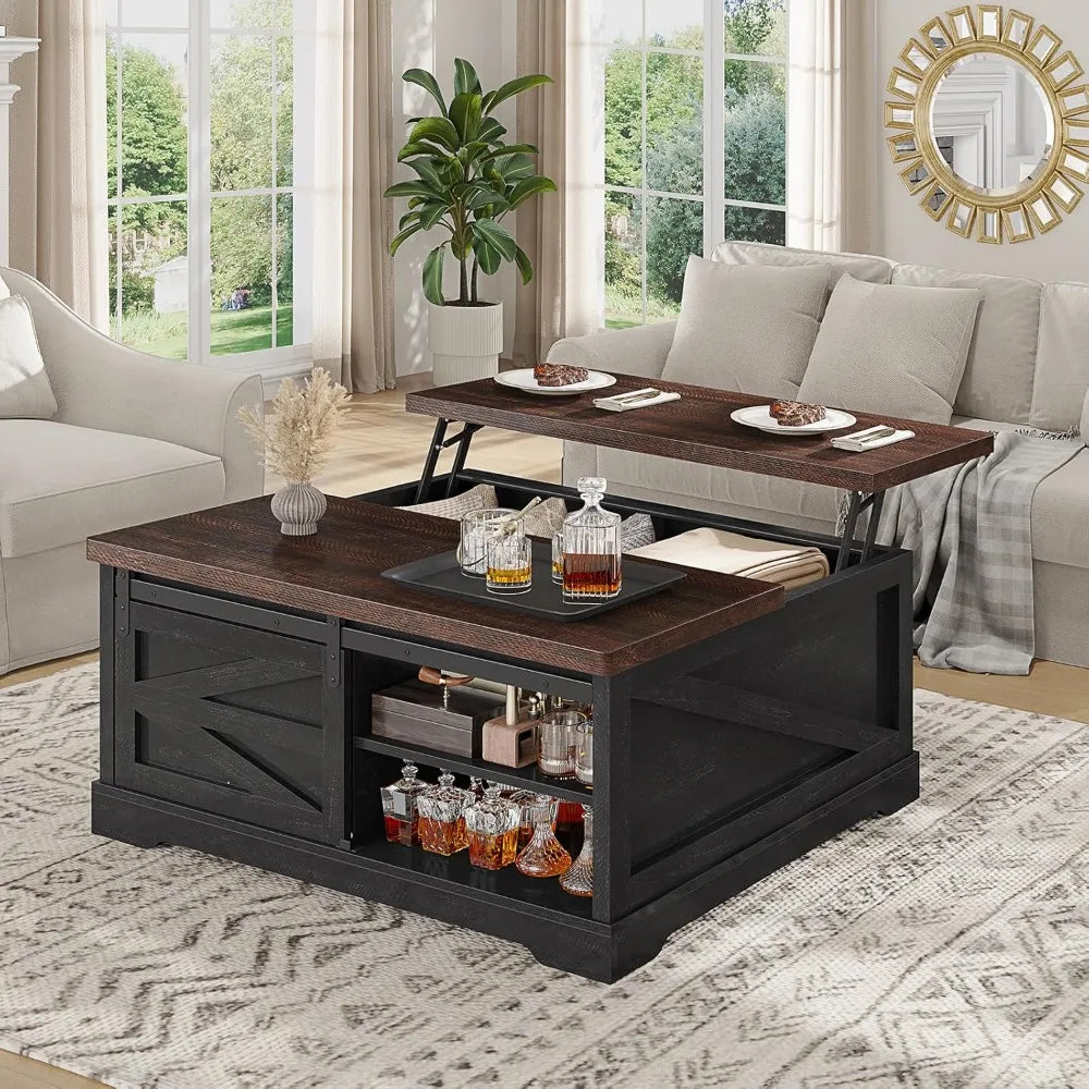 39.4'' Lift Top Coffee Table with Storage, Farmhouse Style, Hidden Compartment & Drawers, Adjustable Height