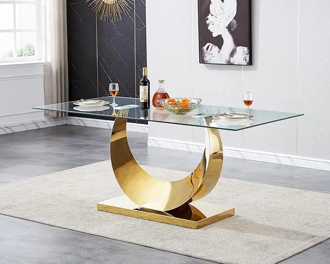 Glass Dining Table for 6 People, 62.8" Modern Kitchen Dining Room Table with Rectangular Tempered Glass Tabletop and U-Shape Ped