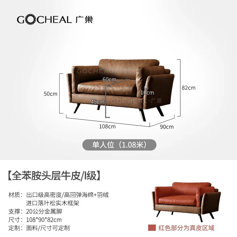 Italian retro first-layer cowhide sofa straight row full aniline leather multi-person medium and ancient style