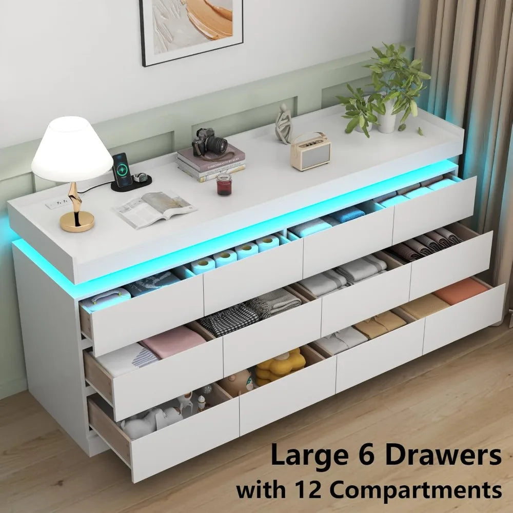 12 Drawer Dresser with Power Outlet, Dresser with LED Light, Modern Chest of Drawers for Closet, Double Wide Drawer Organizer Ca