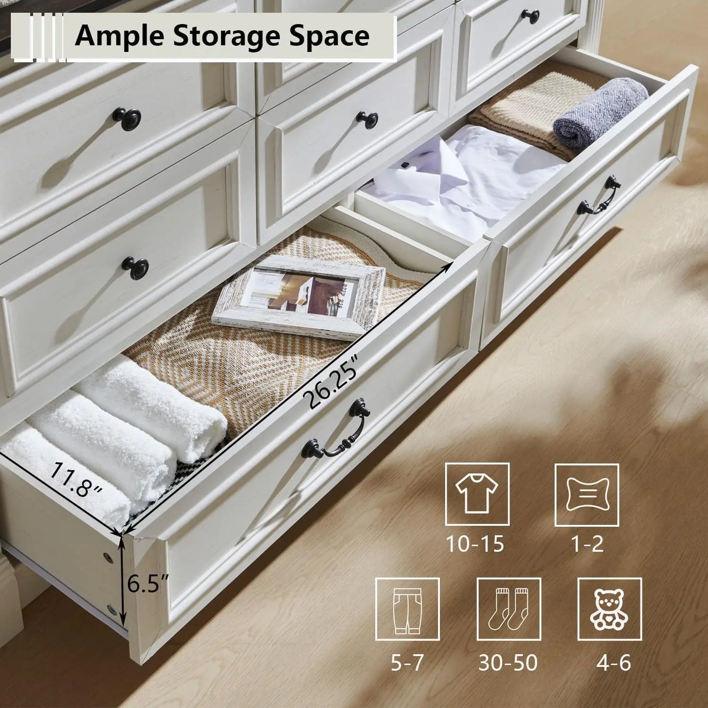 Farmhouse 8 drawer dresser, 61" wide large chest of drawers with Roman Columns, bedroom, hallway, living room, storage