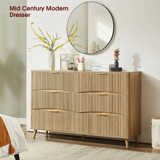6 Drawer Dresser, 55" Wide Light Wood Curved Dresser,for Bedroom, Mid Century Modern Chest of Drawers