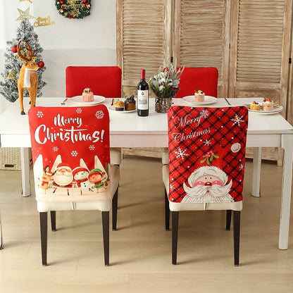 1PC Christmas Chair Back Cover Red Classic Christmas Pattern Merry Christmas For Restaurant Hotel Holiday Party Decoration