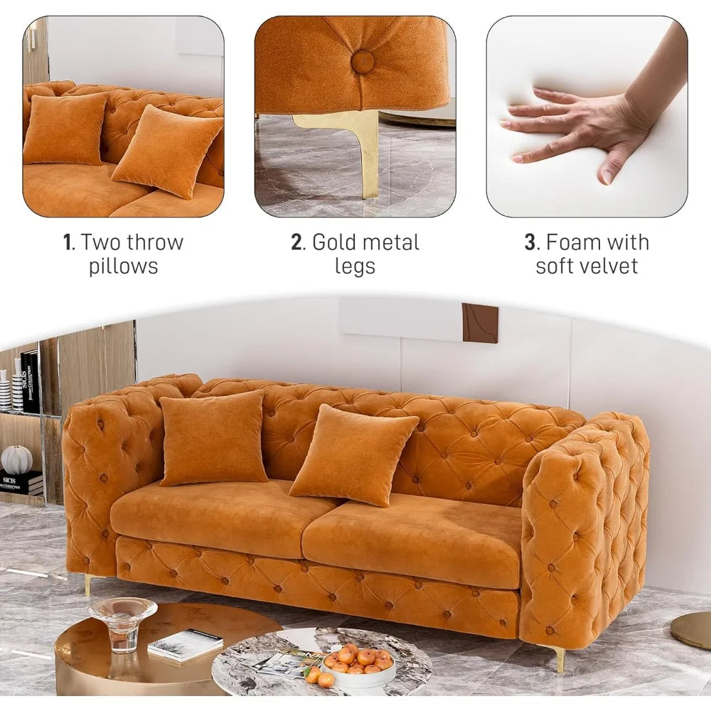 75" Sofa Couch Mid Century Modern Velvet Couch Tufted Button Sofa High Armrest & Metal Gold Legs Luxury Chesterfield Decor with