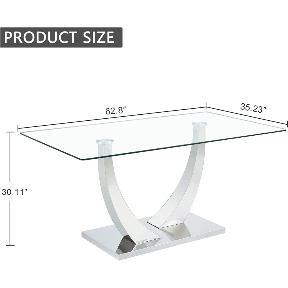 Glass Dining Table for 6 People, 62.8" Modern Kitchen Dining Room Table with Rectangular Tempered Glass Tabletop and U-Shape Ped
