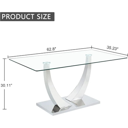 Glass Dining Table for 6 People, 62.8" Modern Kitchen Dining Room Table with Rectangular Tempered Glass Tabletop and U-Shape Ped