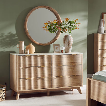 Redlemon Fluted 6 Drawers Dresser, 54" Wide Modern Chest of Drawers with Faux Marble Top