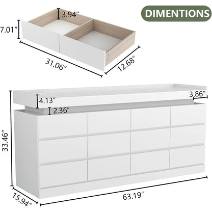 12 Drawer Dresser with Power Outlet, Dresser with LED Light, Modern Chest of Drawers for Closet, Double Wide Drawer Organizer Ca