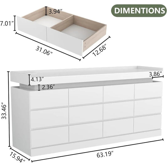 12 Drawer Dresser with Power Outlet, Dresser with LED Light, Modern Chest of Drawers for Closet, Double Wide Drawer Organizer Ca
