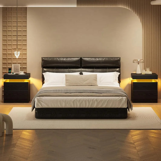 LED Light and Drawers Nightstands Set of 2 or 1, Modern Black Nightstand Charging Station, Bedside Tables End Table for Bedroom