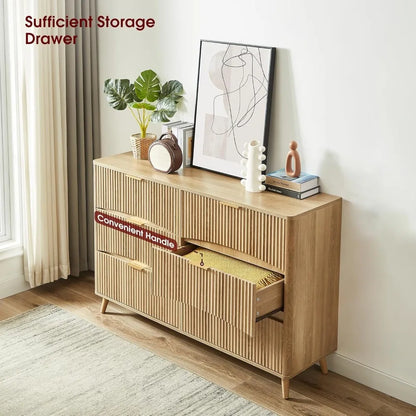 6 Drawer Dresser, 55" Wide Light Wood Curved Dresser,for Bedroom, Mid Century Modern Chest of Drawers